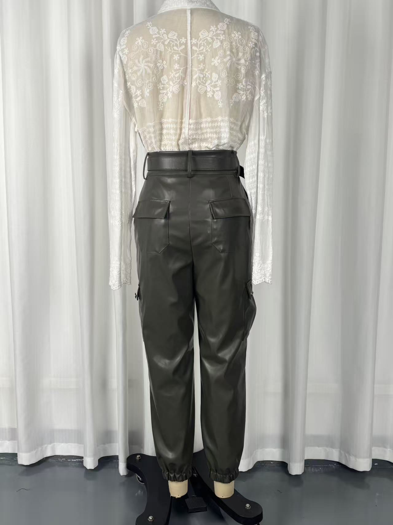 Solid color PU leather pants women – black army green casual side pocket trousers