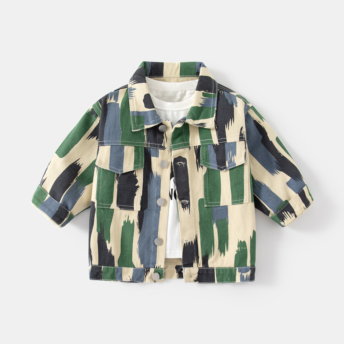 Single-Breasted Casual Cotton Coat, Camouflage Hoodless Boys' Jacket