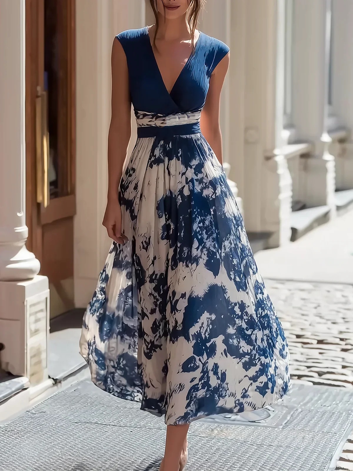 Elegant Long Sleeveless V-Neck Blue and White Porcelain Print Dress Summer Forma