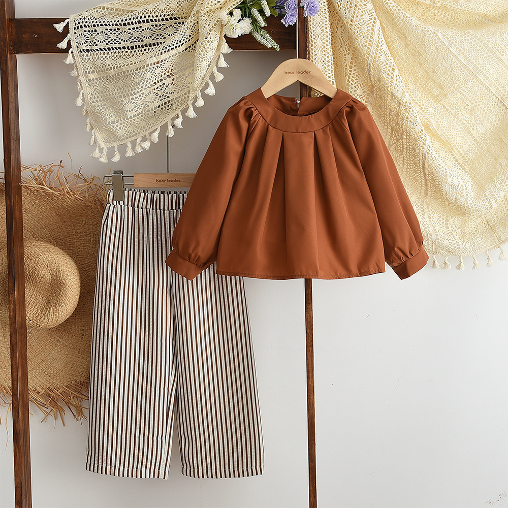 Fashionable Two-Piece Set for Girls: Long Sleeve Pullover Top with Striped Pants, Casual Children's