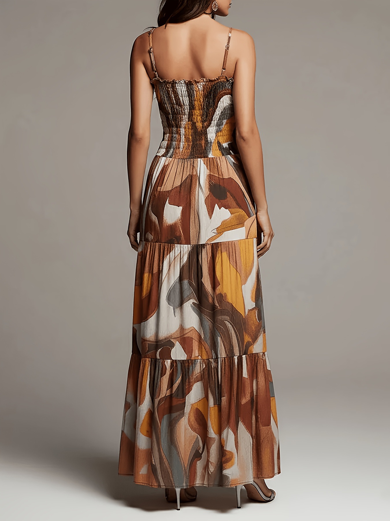 Brown sleeveless long dress – pleated waist spaghetti strap maxi with pockets