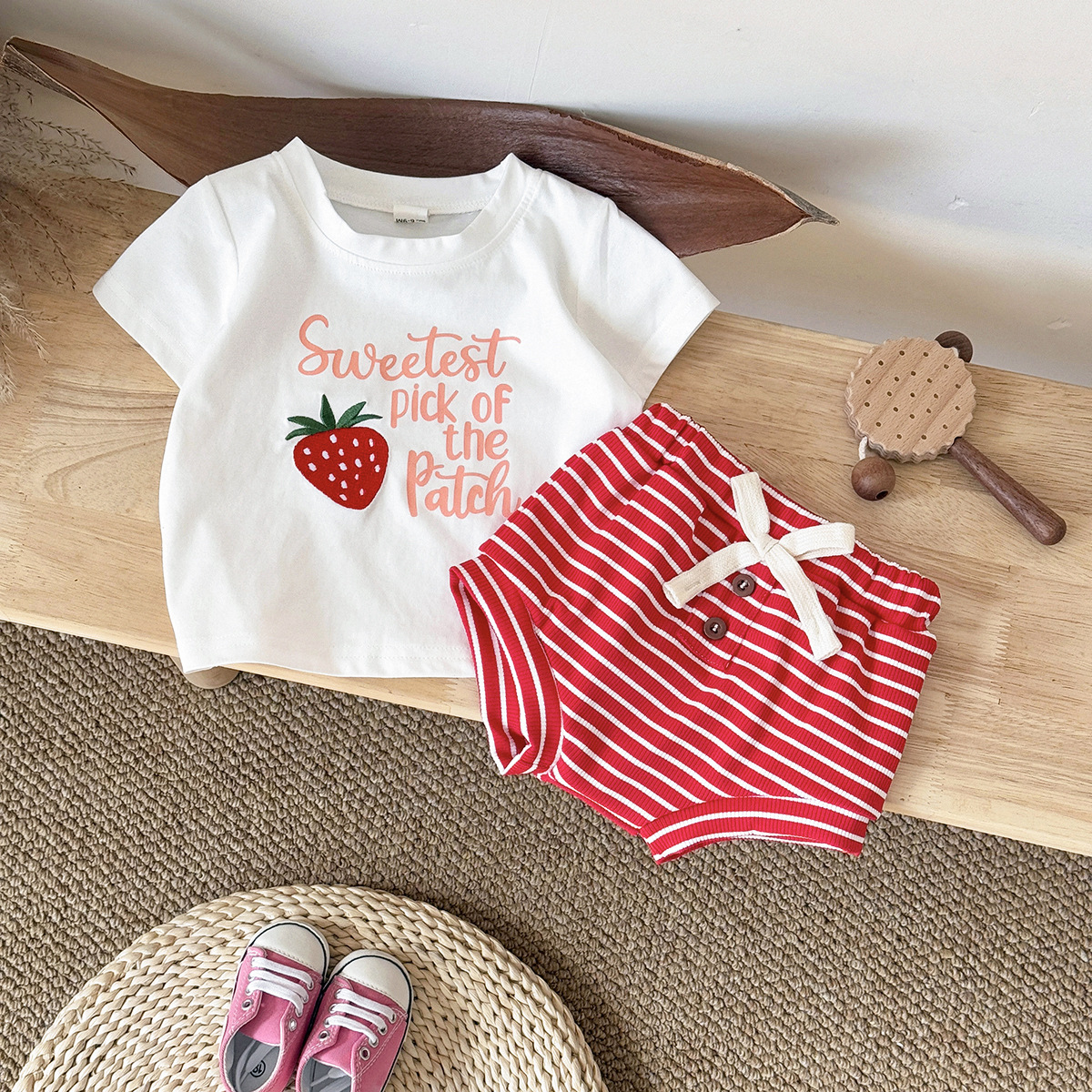 Strawberry letter round neck short sleeved+striped casual shorts baby set