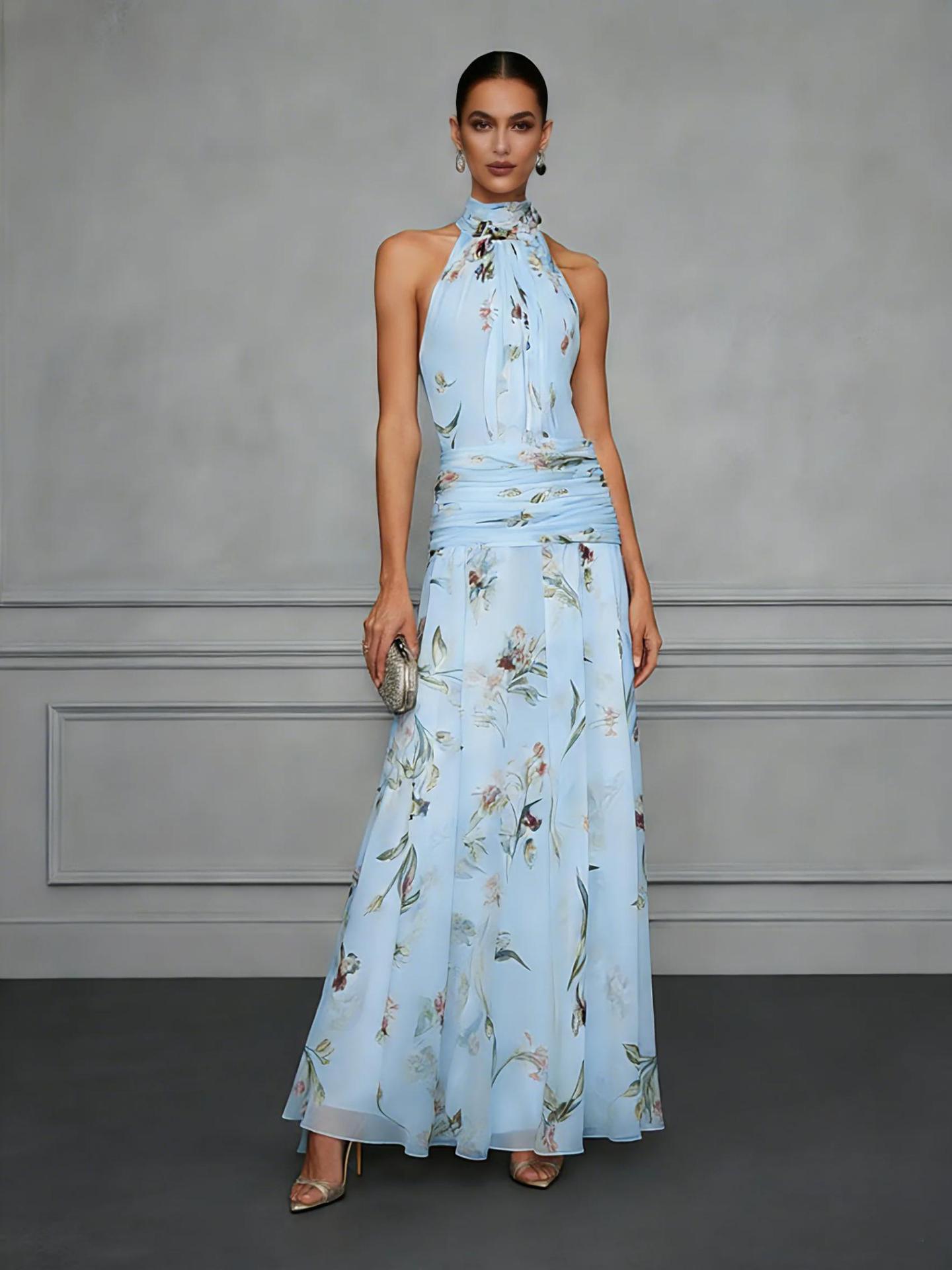 Light purple halter neck maxi dress – fitted printed sleeveless long dress detail