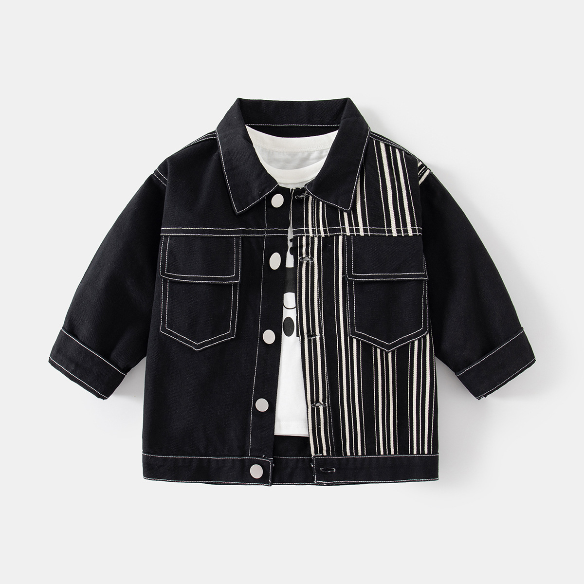Black and White Color-block Denim Autumn Boy's Jacket, Turn-down Collar Single-breasted Small Pocket
