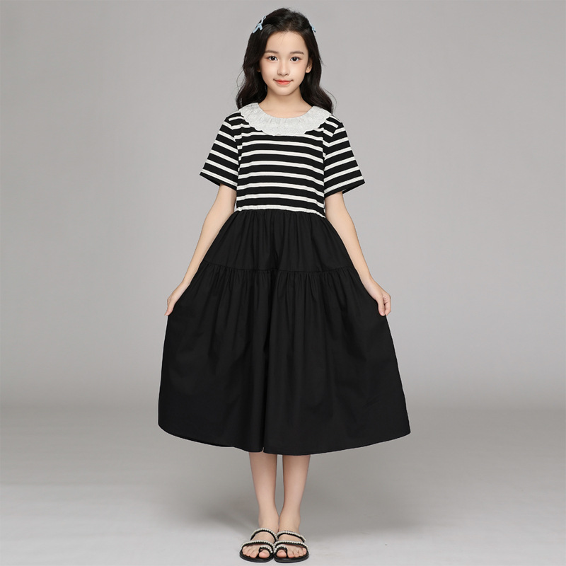 Cute Stripe Short Sleeve Peter Pan Collar A-line Dress for Girls