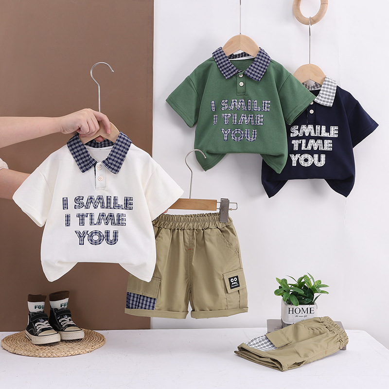Children's letter polo shirt short sleeved shorts two-piece set