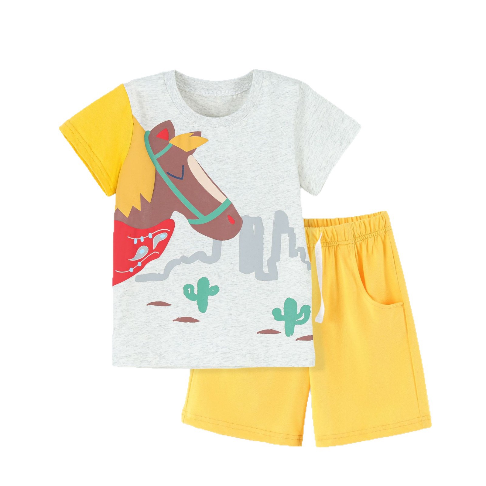 round neck short sleeve 2-piece set, cute horse print children's outfit