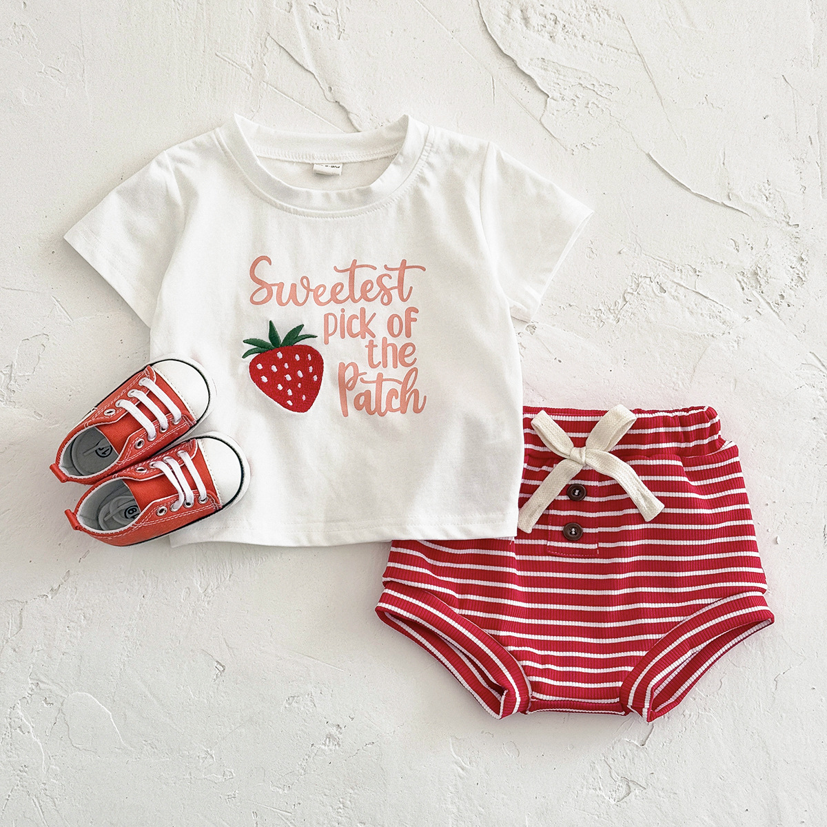 Strawberry letter embroidered round neck short sleeved+striped shorts set