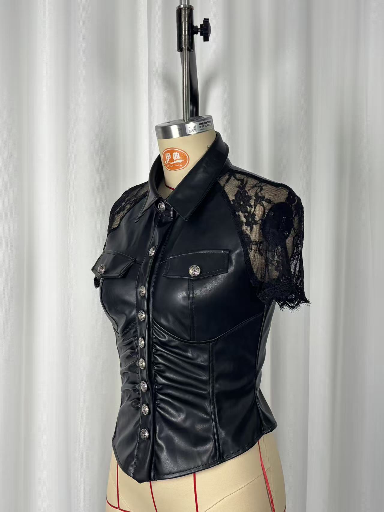 Women's gothic lace cuff shirt black – PU leather slim fit button top