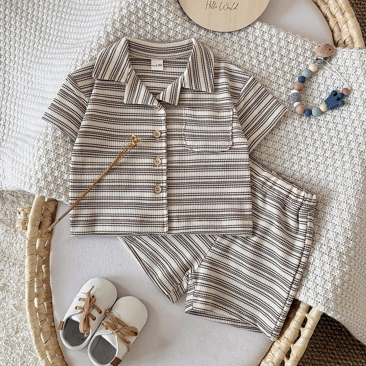Solid color narrow stripe button set two-piece set