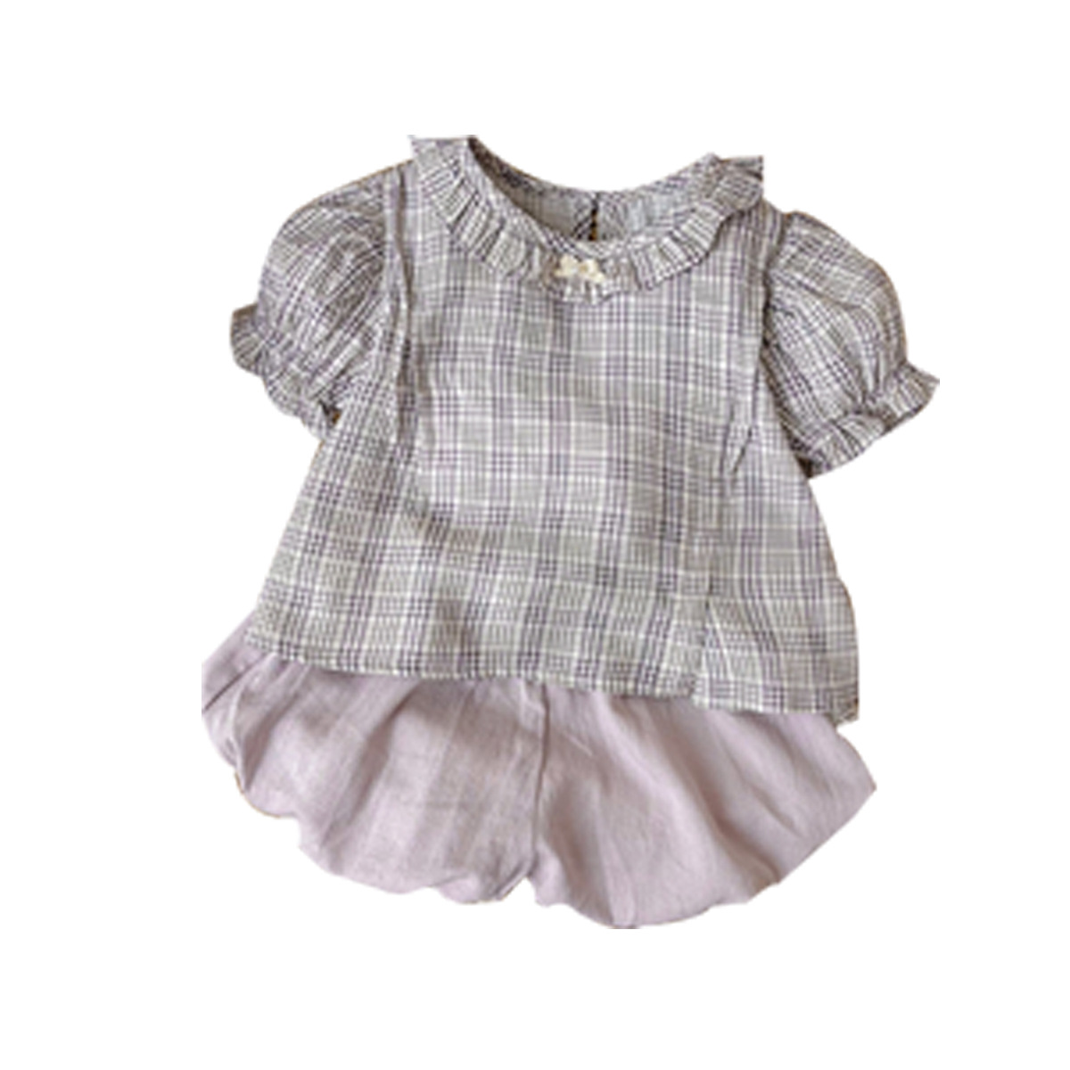 Checkered Bubble Sleeve Short Sleeve Bloomer Shorts Two-Piece Set