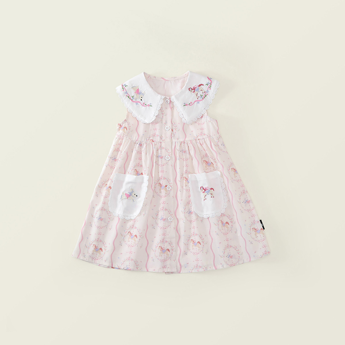 Cute Pink Peter Pan Collar Dress for Girls with Cartoon Print Princess