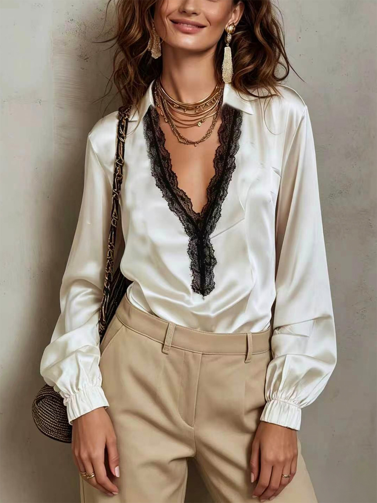 Women's V-Neck Black Lace Patchwork Blouse - fabric texture detail