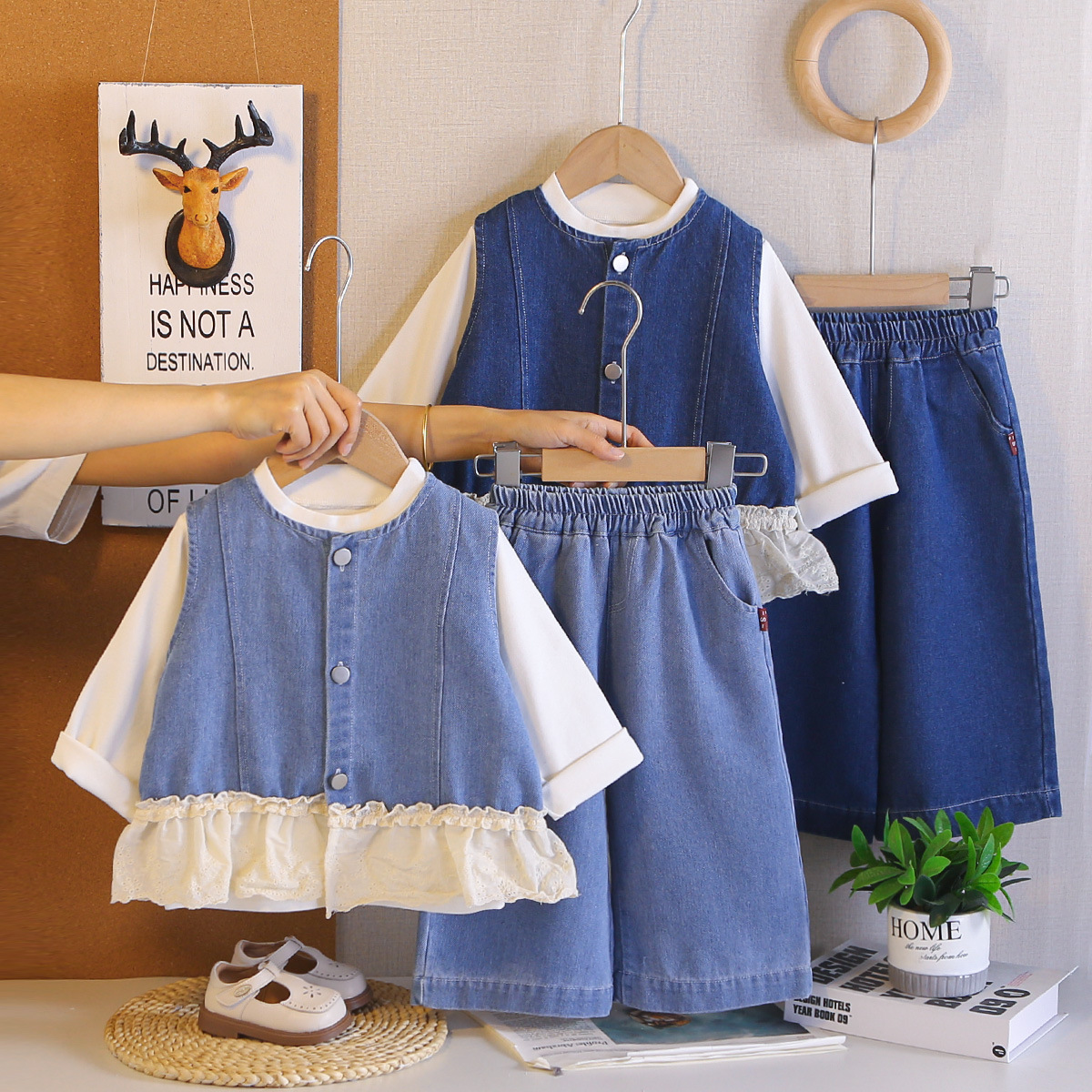 Baby Spring and Autumn Clothing Lace Cowboy Vest Long Sleeve Three Piece Set
