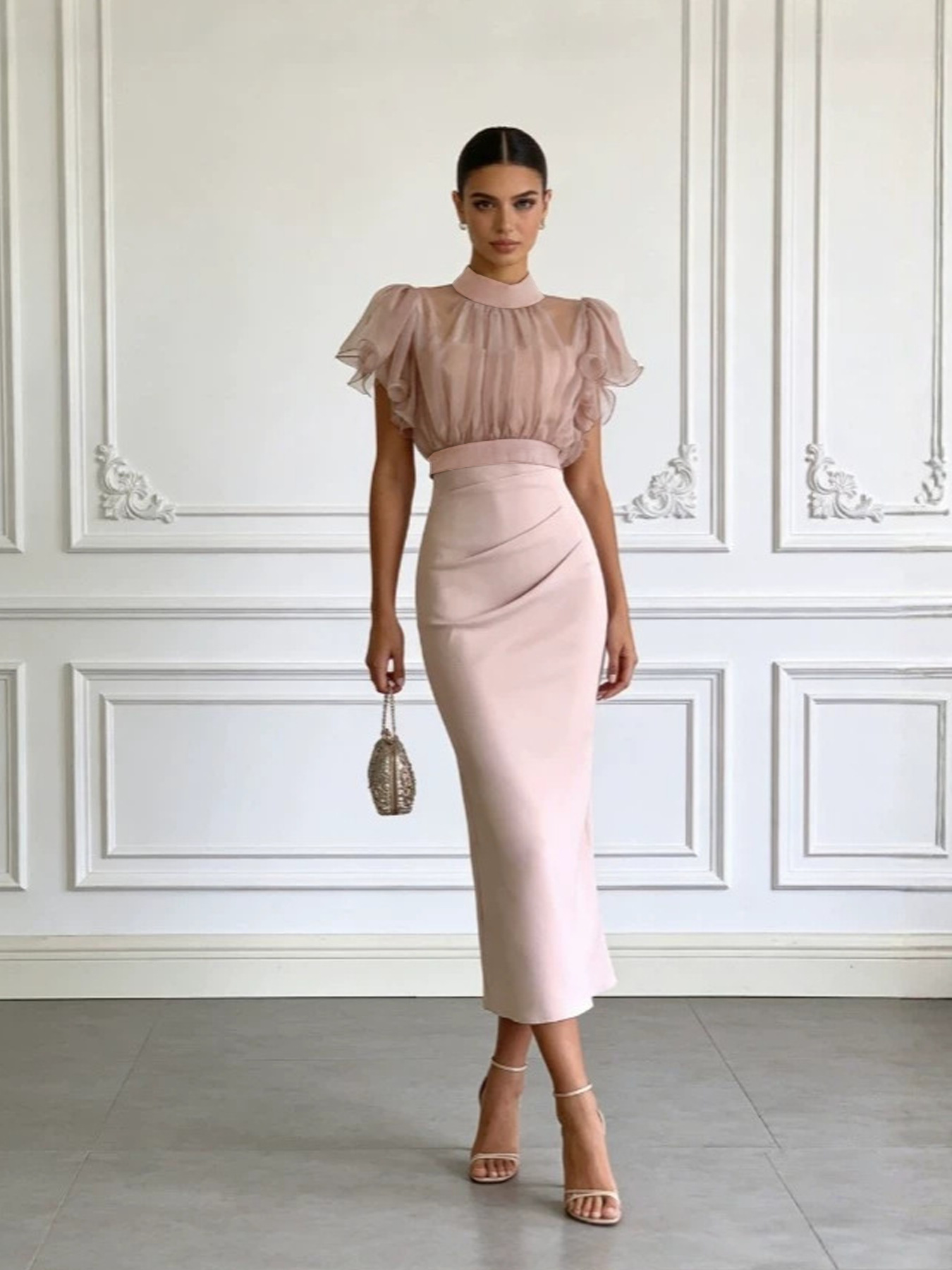 Pink mesh dress set detail – lace-up waist long skirt and top elegant