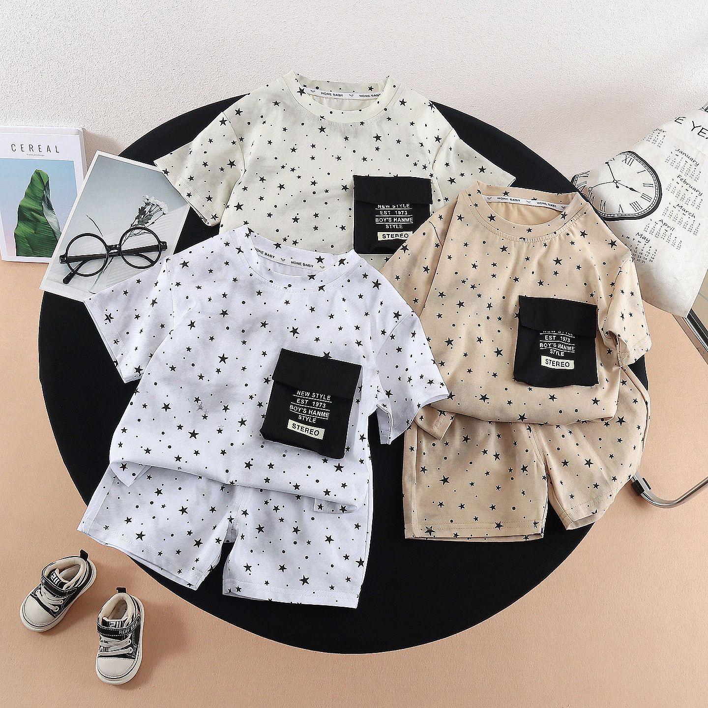 Children's full printed star short sleeved two-piece thin clothing set