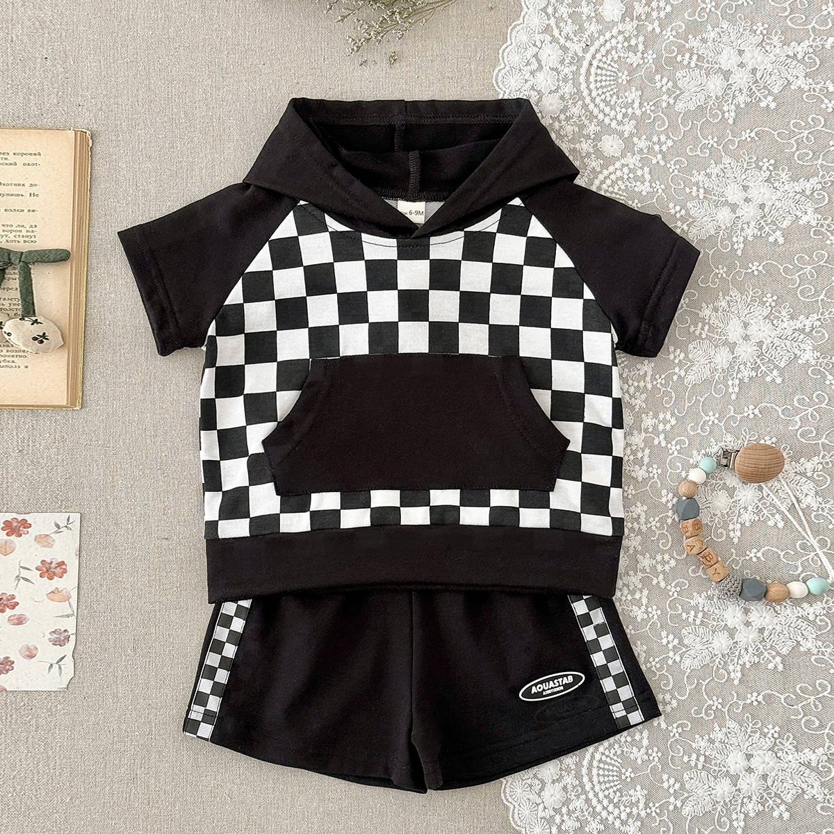 Black and white checkered hoodie knitted short sleeved shorts two-piece summer outfit
