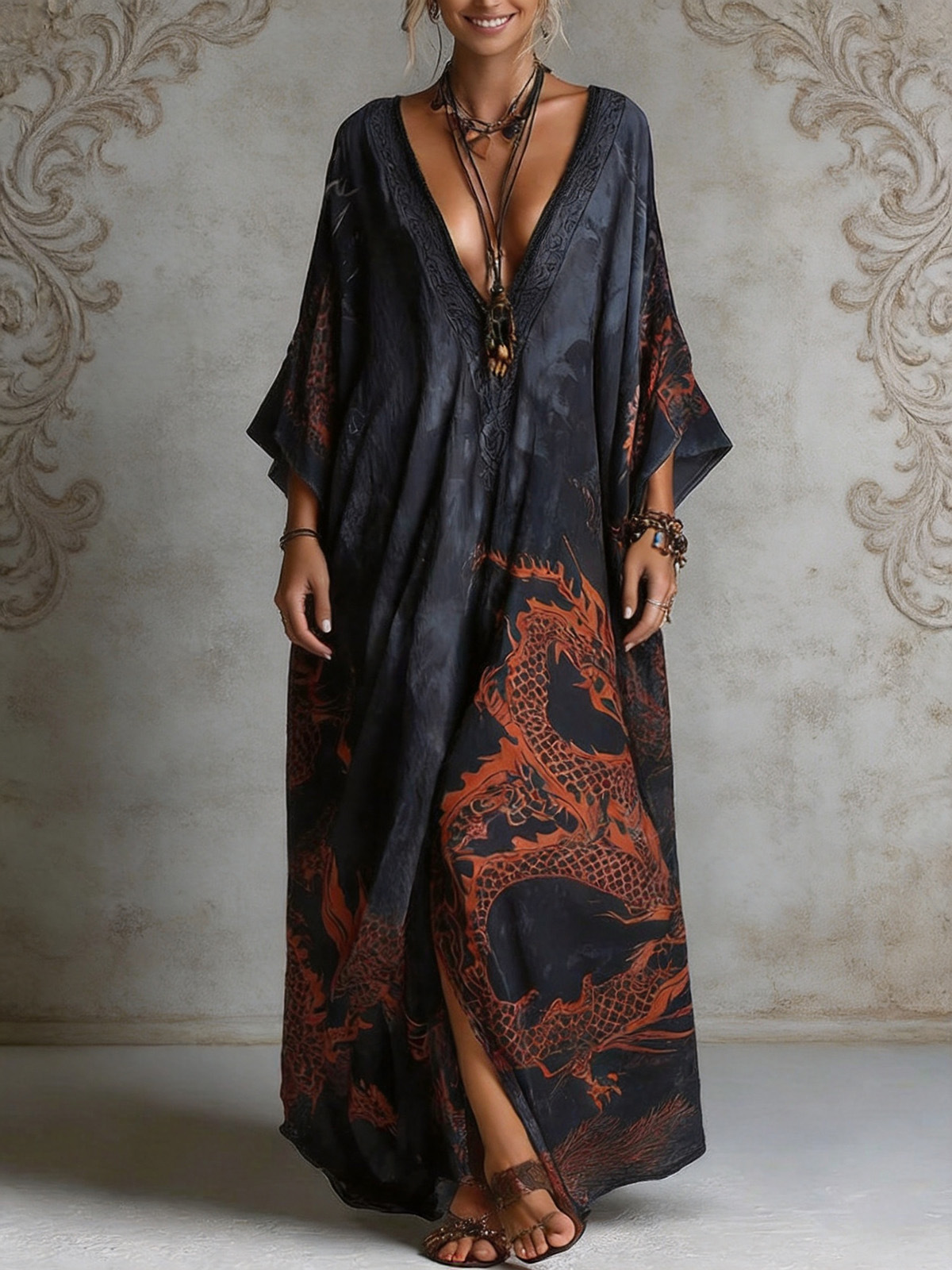 Women's Dragon Print Maxi Dress - sleeve and neckline detail close-up