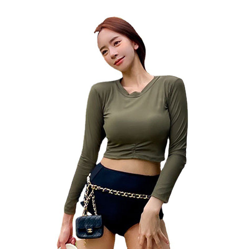Two-Piece Bikini Swimwear with High-Waisted Bottoms and Long Sleeve Slim-Fit Swimsuit