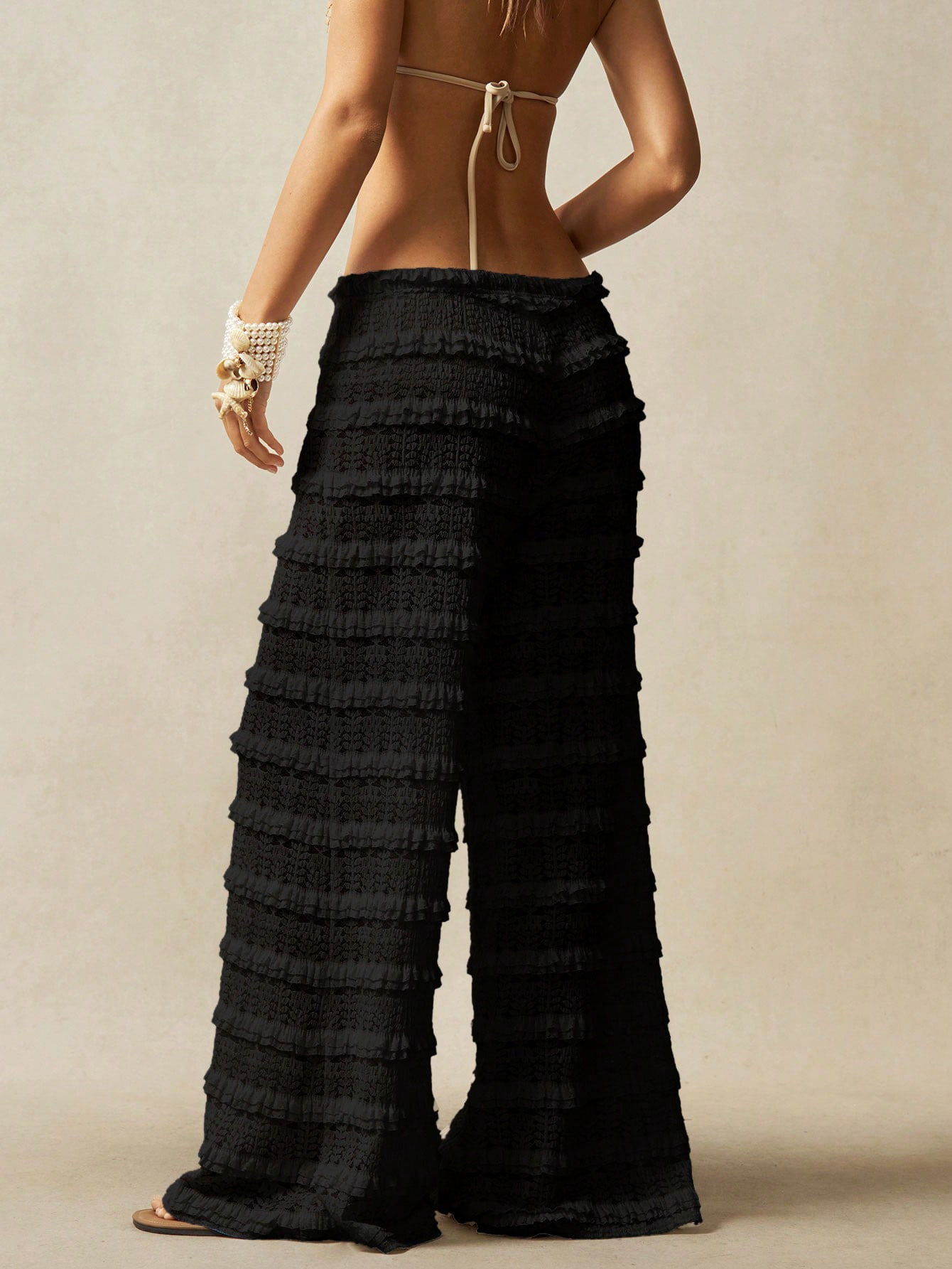 Women's wide-leg lace pants front and side view comparison