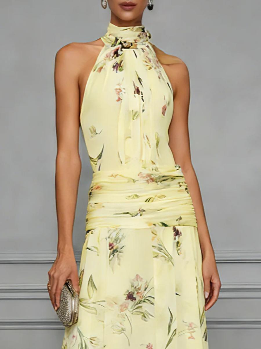 Light purple printed long dress – halter neck fitted sleeveless maxi resort