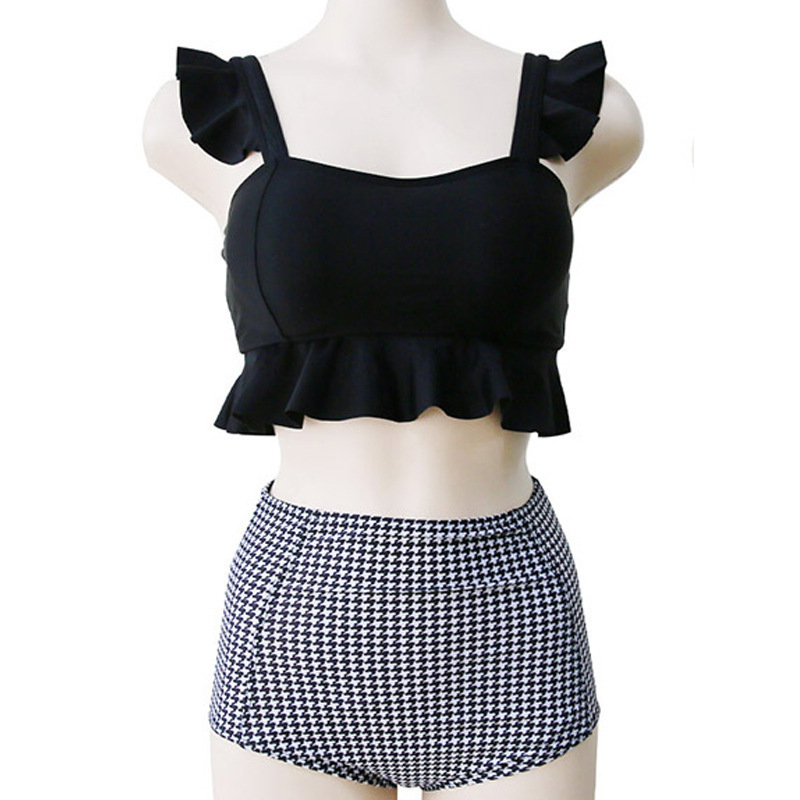 Two-Piece High-Waisted Checkered Separated Slimming Modest Hot Spring Swimwear