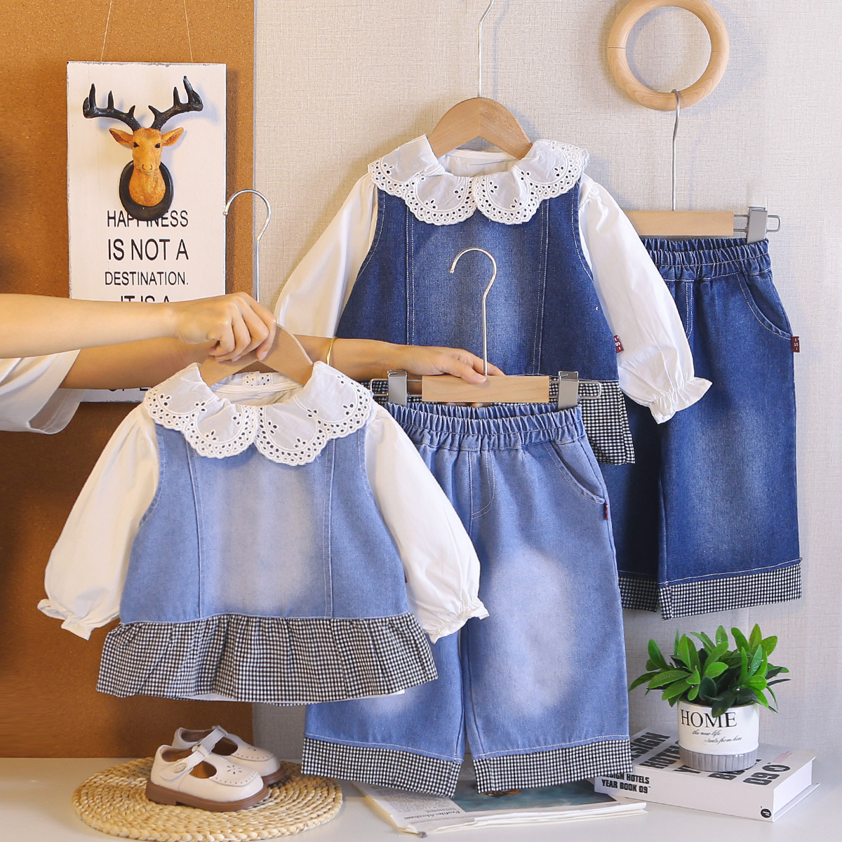 Children's clothing denim vest long sleeved three piece set