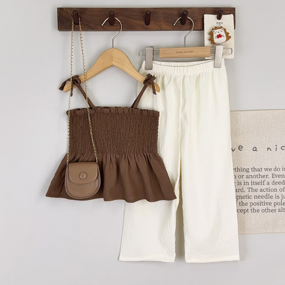 Cute Girl Summer Two-Piece Set with Strap Top and Long PantsCasual Outfit for Kids