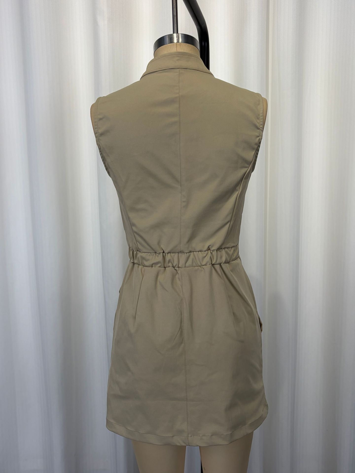 Solid khaki maxi dress women – sleeveless workwear stand collar zipper detail