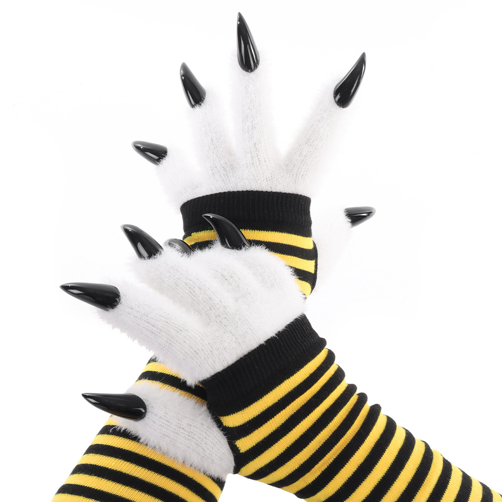 Kigurumi Claw Plush Gloves Striped Long Sleeve Gloves Warm Pointed Claw Design Cosplay Performance