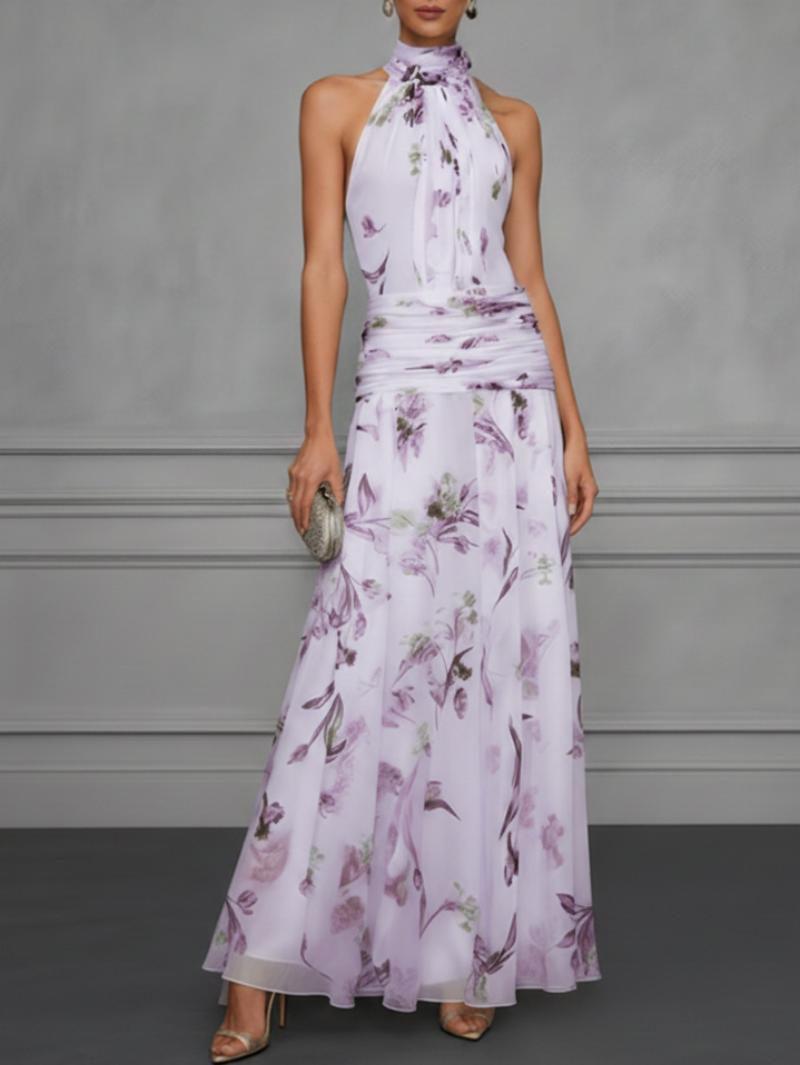 Light yellow printed halter maxi dress – fitted sleeveless long dress women