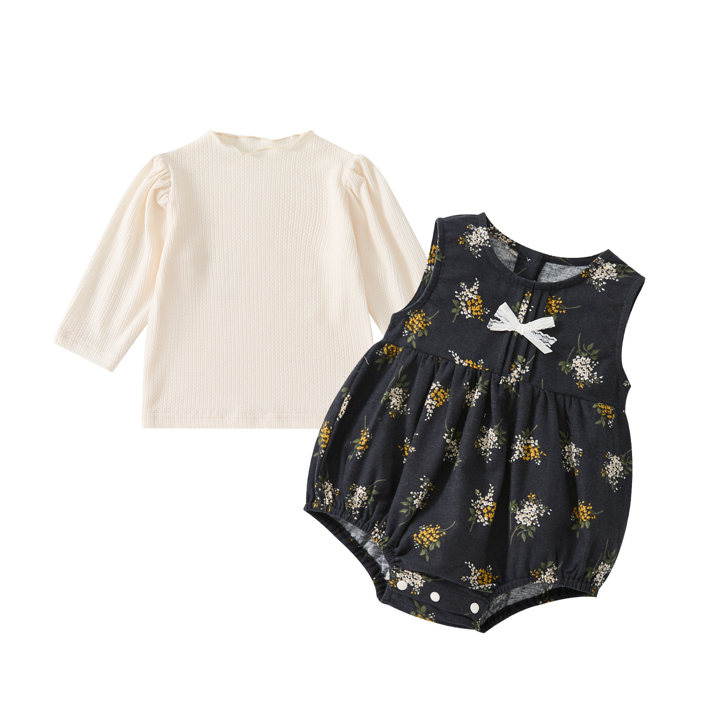 Casual Minimalist Knit Bodysuit Baby Girl Floral Printed Sleeveless Romper Two-Piece Set