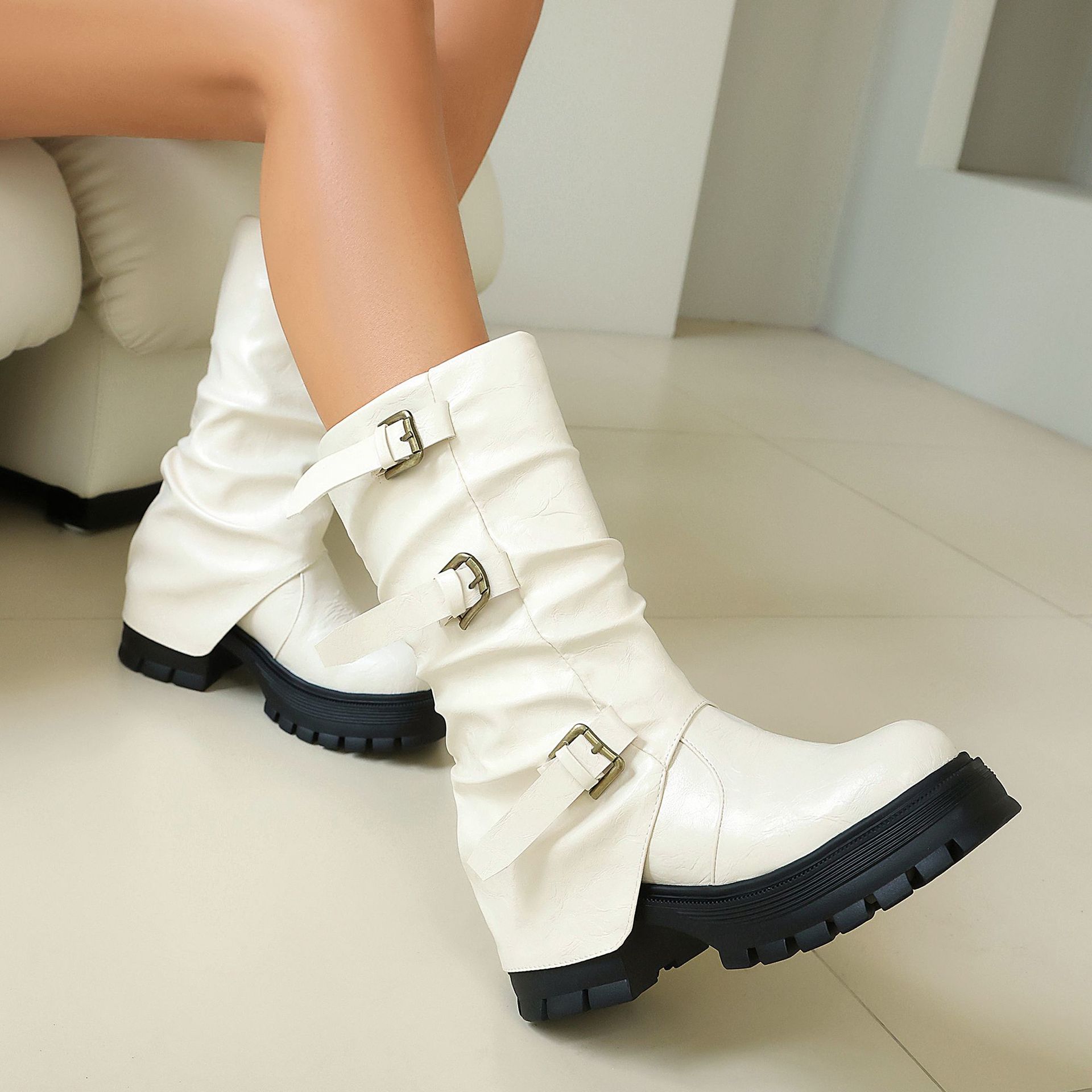 Women's triple buckle moto boots – all three colors: black, white, and brown displayed together