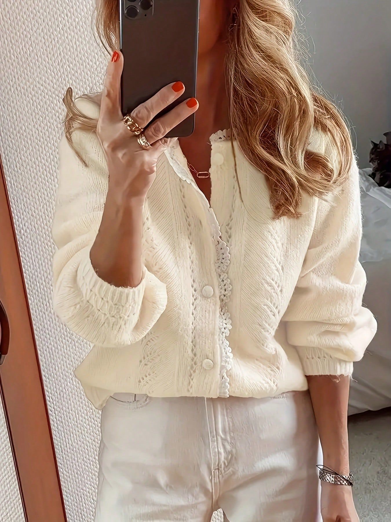 Autumn Winter Women's Lace Solid Color Knit Cardigan with Crochet Hollow Long Sleeve Single Button