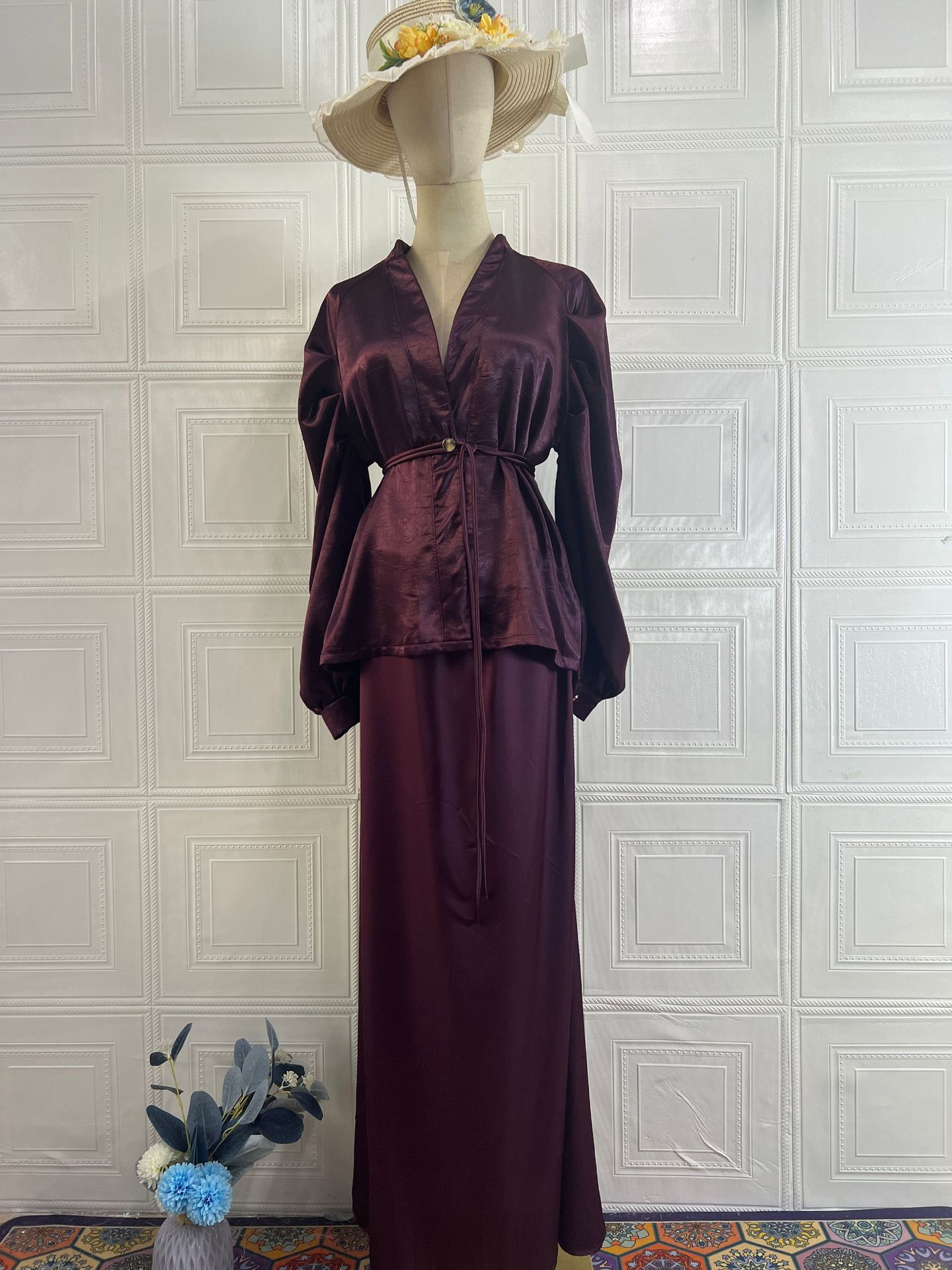Women's puff sleeve belted peplum top and maxi skirt set — full length editorial view