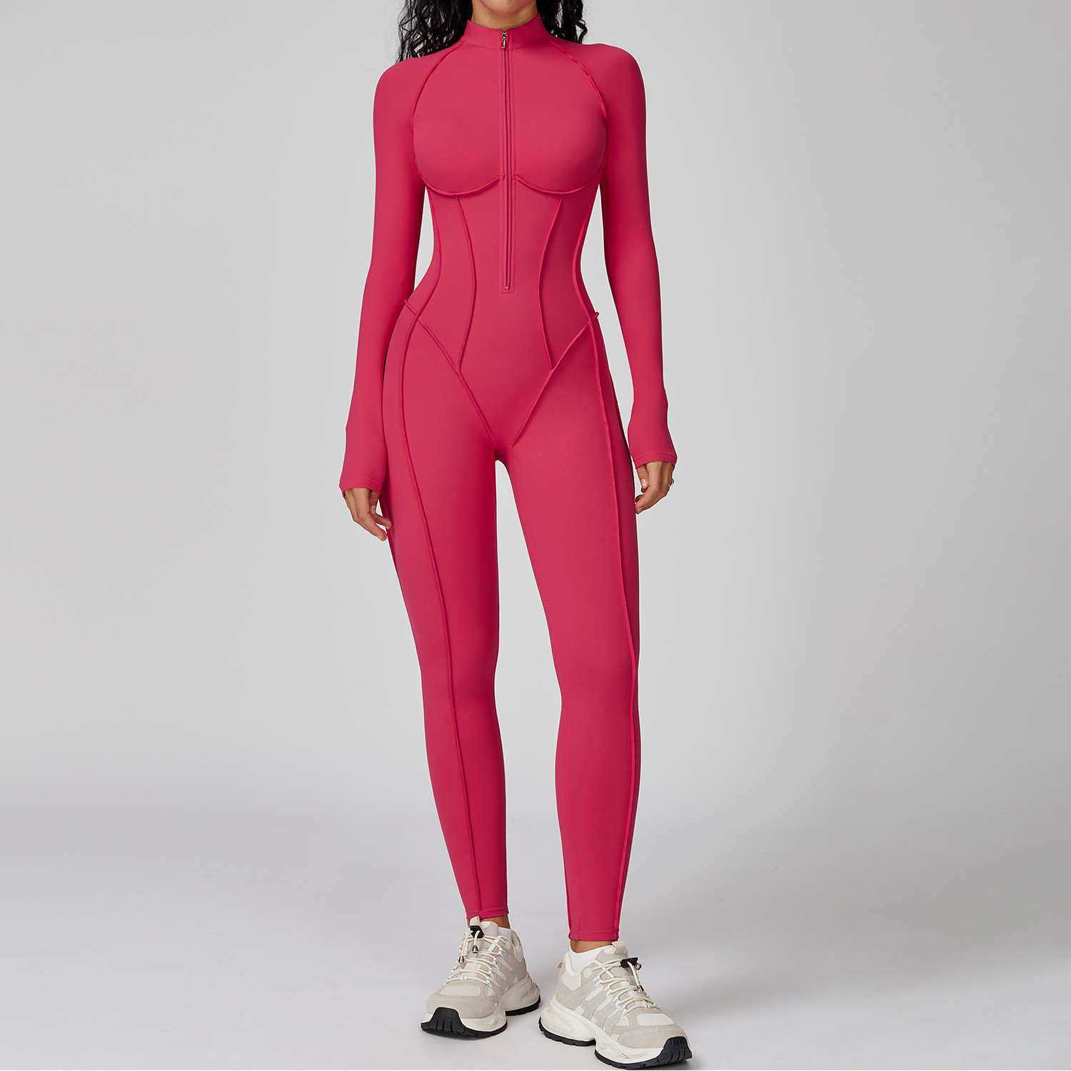 Fashion Color-Blocking Stand Collar One-Piece Suit Half-Zipper Integrated Fitness Wear Women High-Intensity Workout Yoga Clothes 4