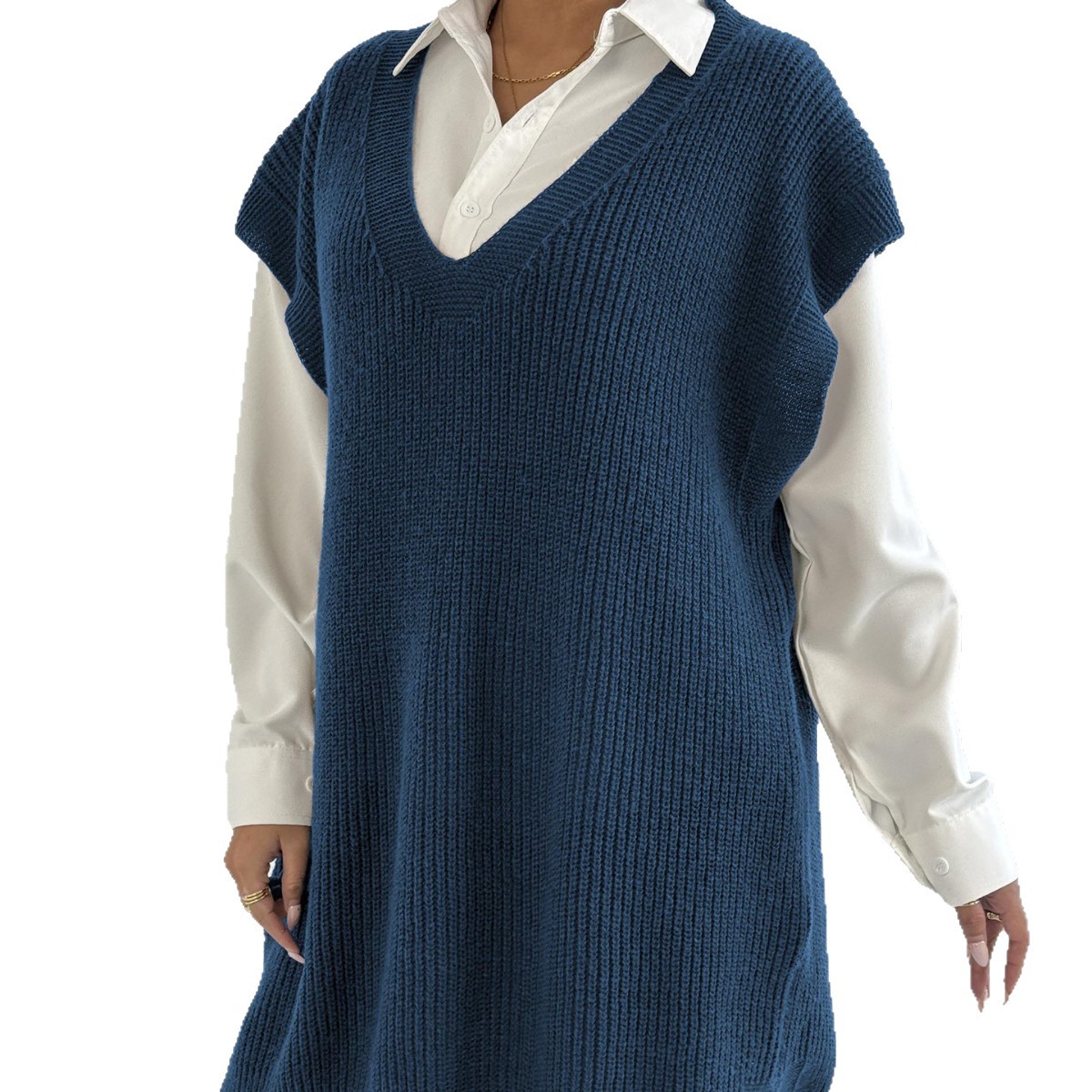 Lady's Open Front Vest, Mid-Length Knit Sweater Vest Dress with Deep V-Neck, Loose Casual Style