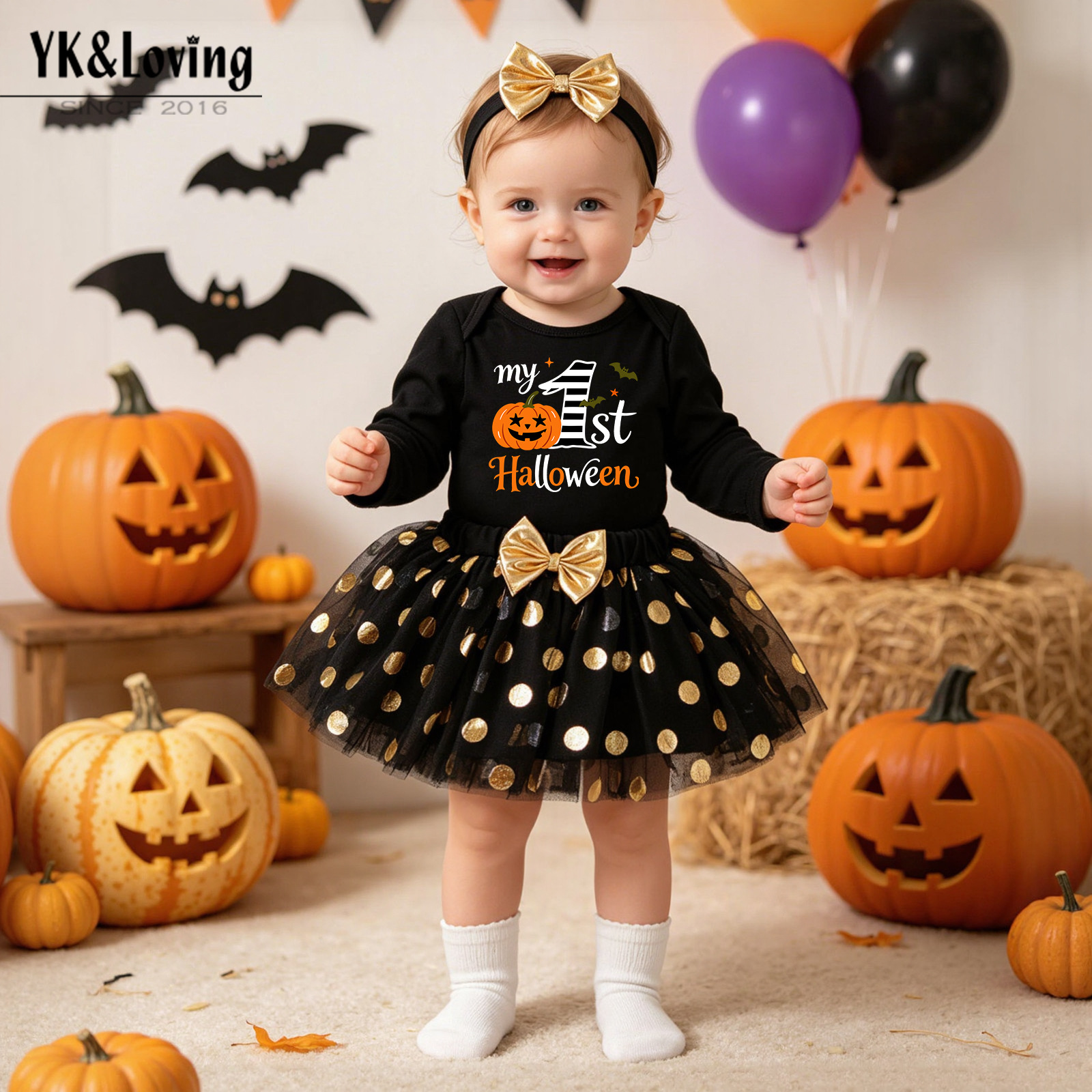 Cute Baby Halloween Long Sleeve Bodysuit with Gold Polka Dot Mesh Skirt, Headband, Pumpkin Socks Set