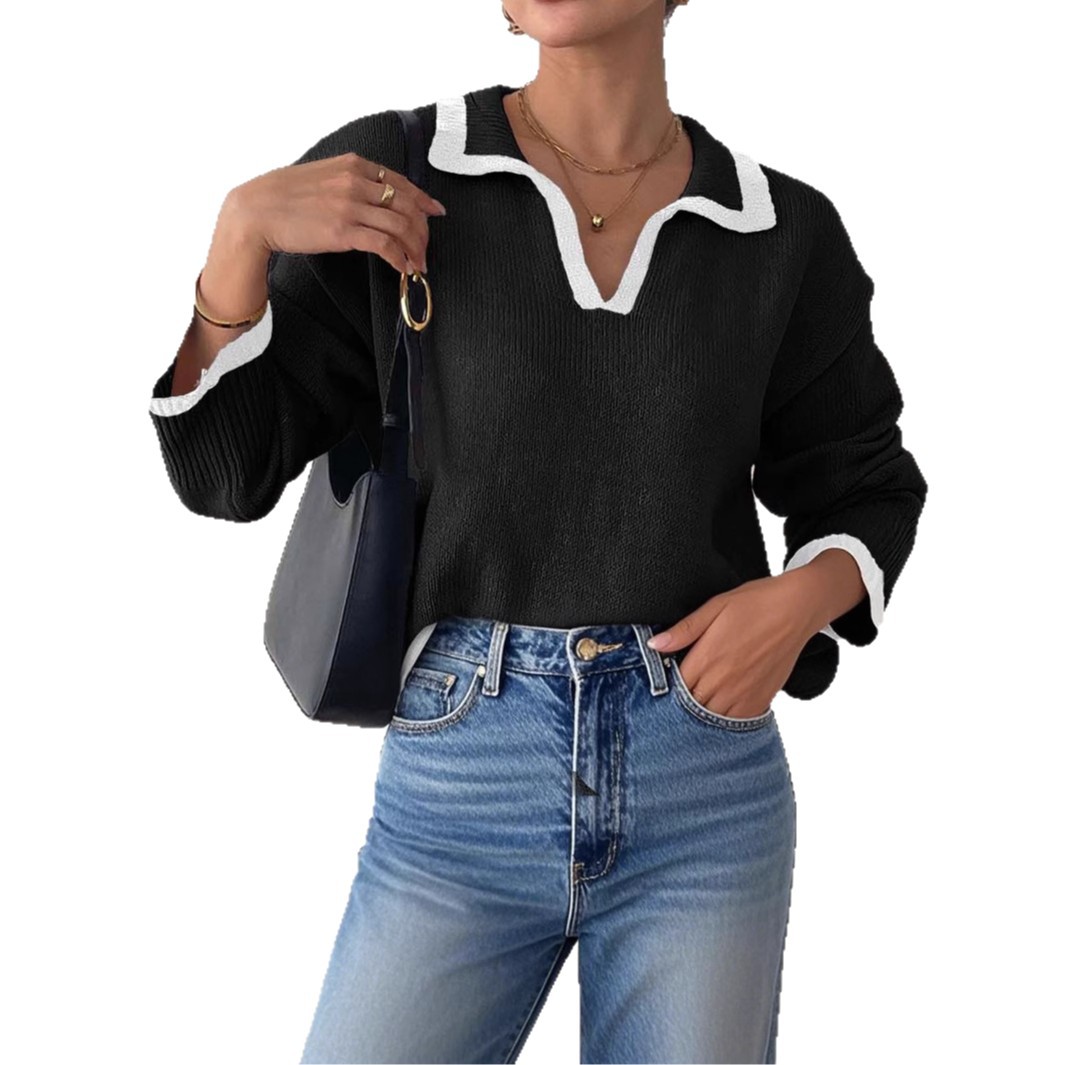 Women's Top Casual Polo Collar Turn-down Color-block Knit Sweater
