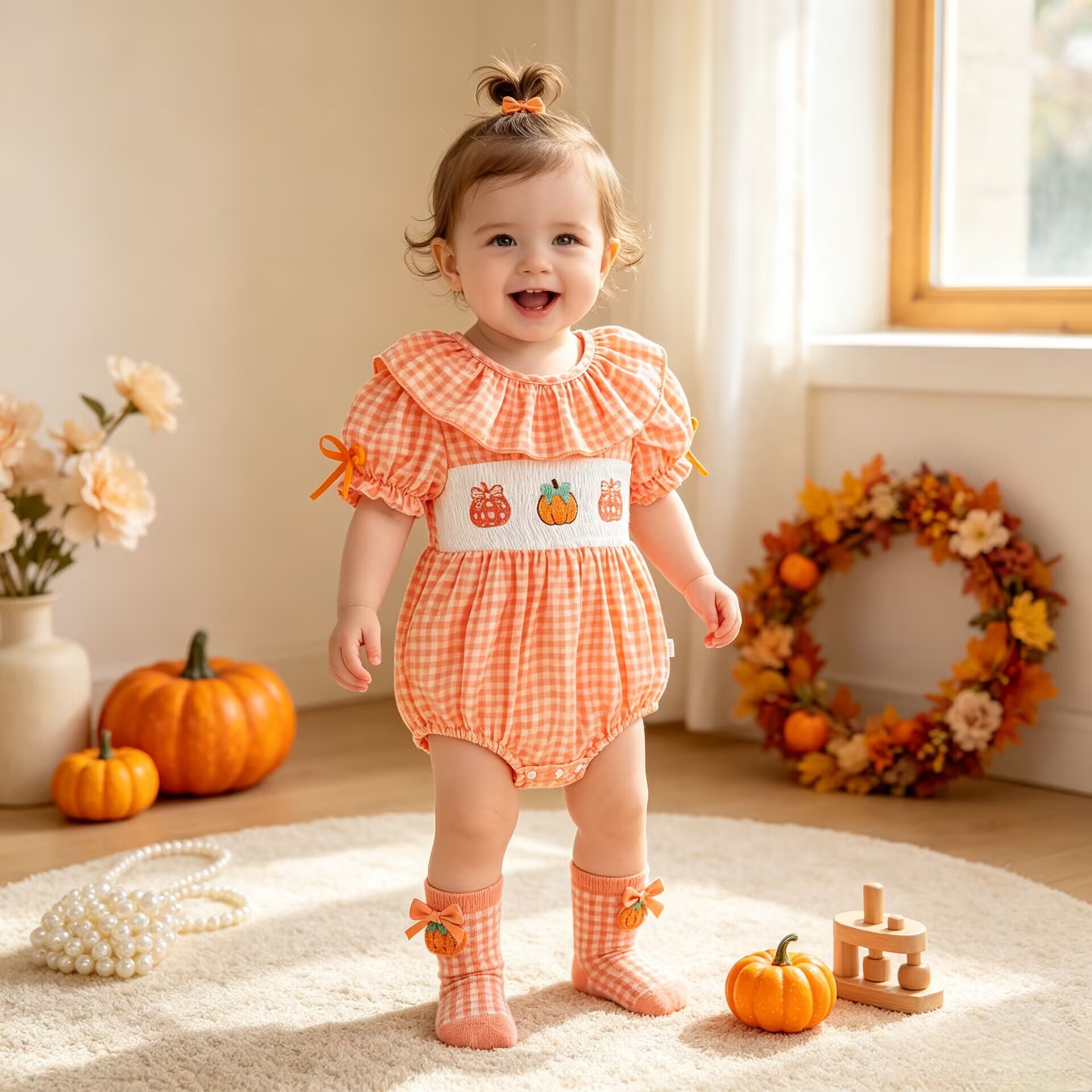 Cute Baby Girl's Orange Checkered Bubble Sleeve Romper with Pumpkin Embroidery, Full-Bodied Outfit