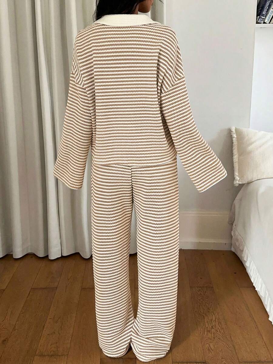 Brown striped wide leg pants set – model walking shot showing movement and drape