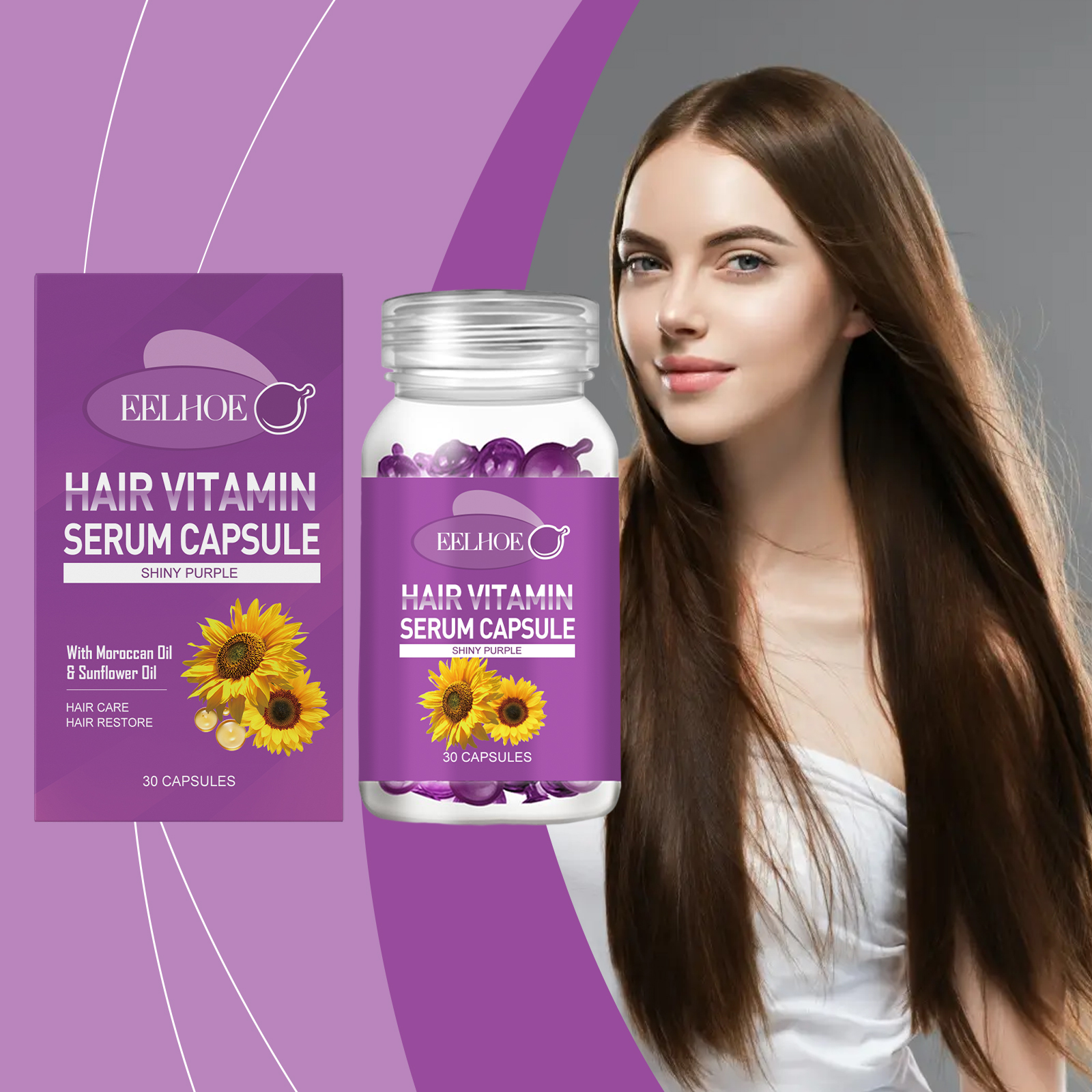 Purple serum capsule jar displayed beside smooth glossy hair