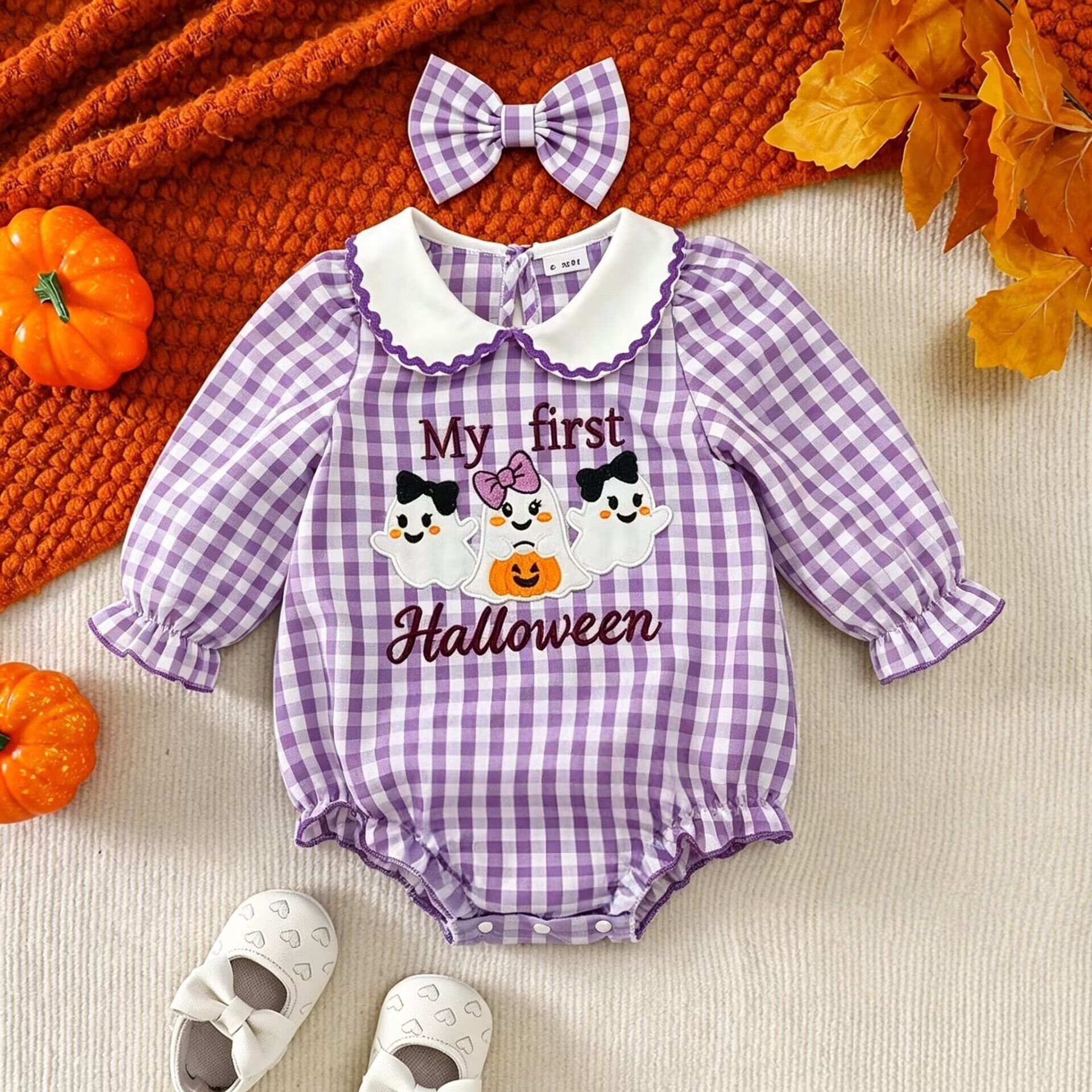 Infant Romper Purple Plaid Peter Pan Collar Ghost Embroidery Baby Halloween Triangular Crawler