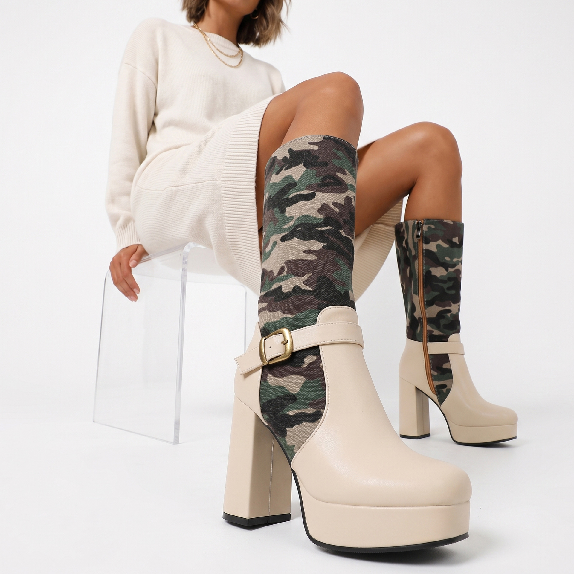 Fashion Punk Style Camouflage High-Cut Women's Boots with Thick Heel and Platform Made to order