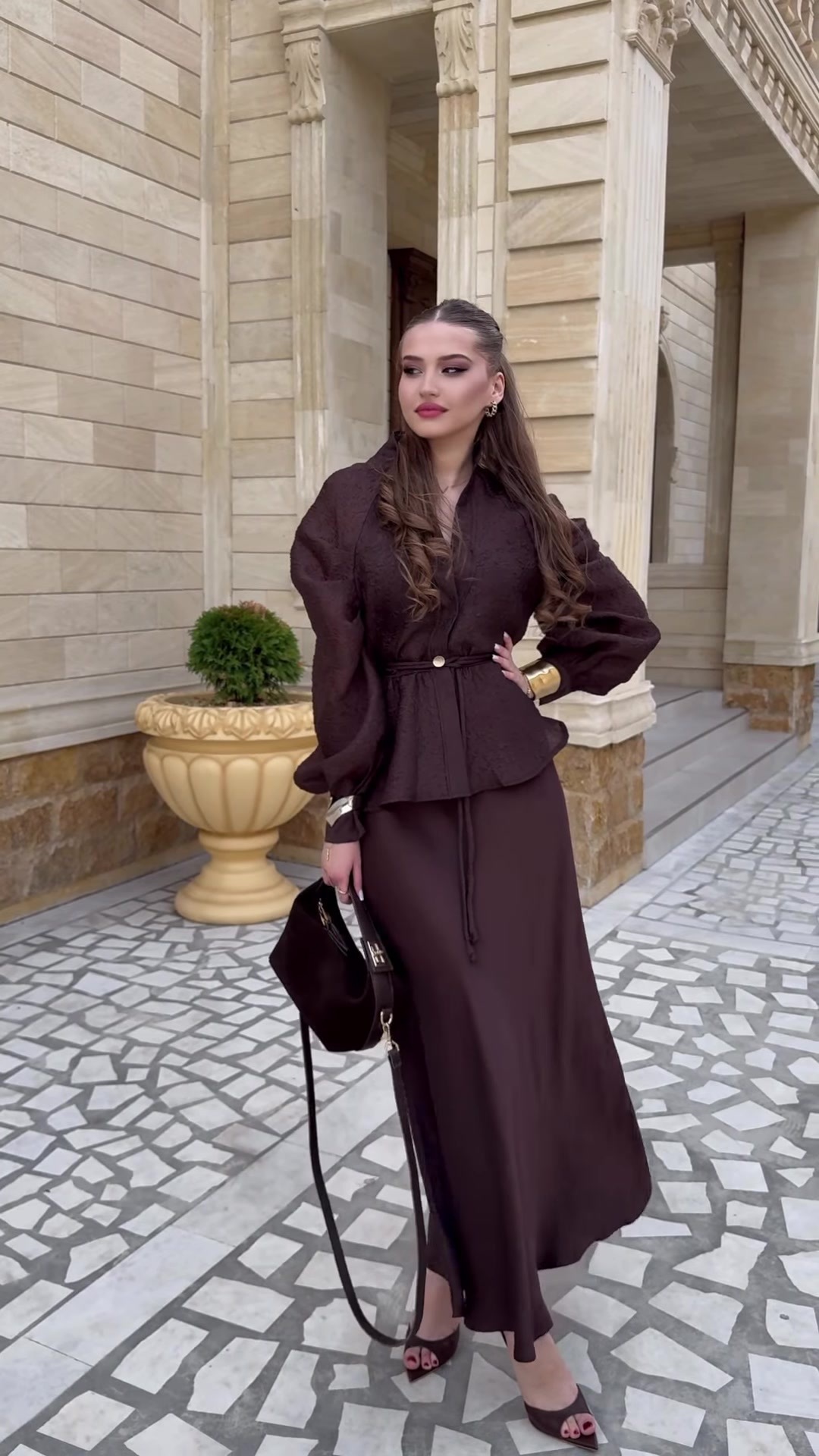 Women's V-neck peplum top and maxi skirt set — complete outfit view