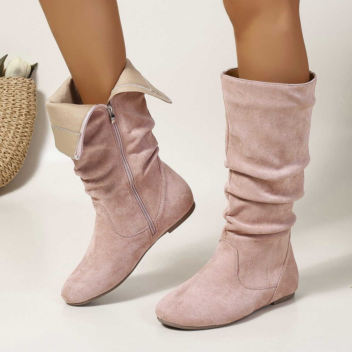 Women's red suede boots mid-calf flat heel side zip