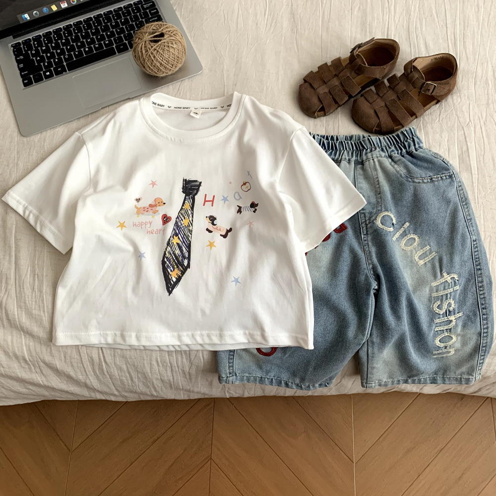 Printed short sleeved baby summer outfit denim workwear mid pants summer set