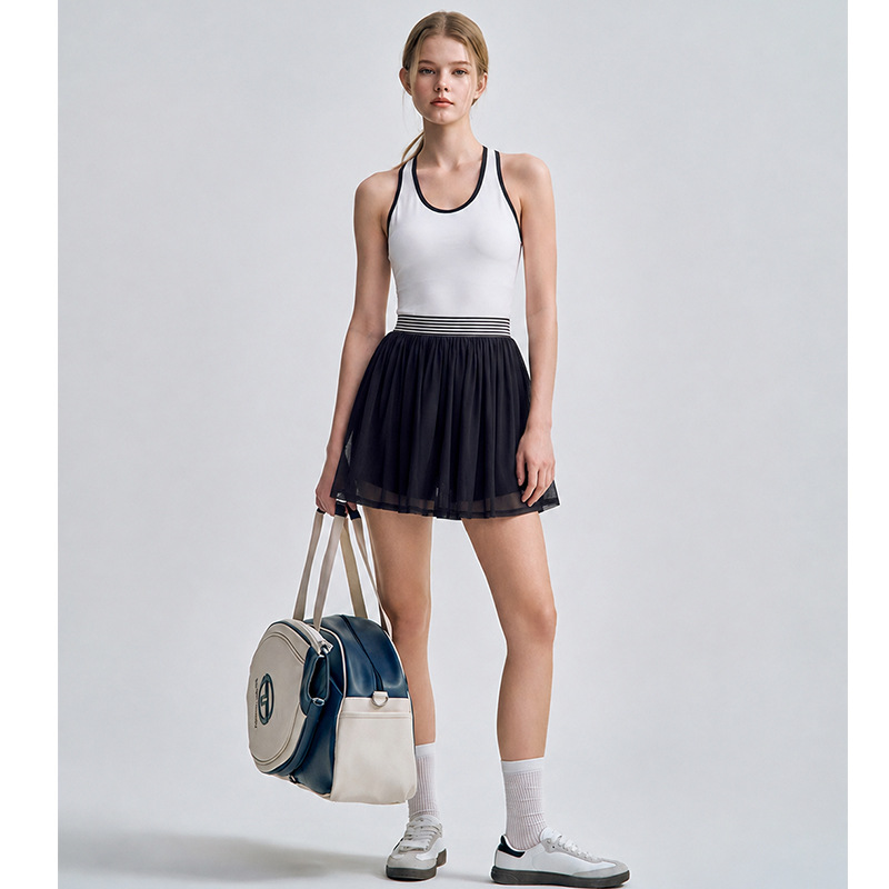 26 Spring/Summer New Stripe Fitness Dress with Built-in Shorts, Nylon Sporty INS Style Badminton