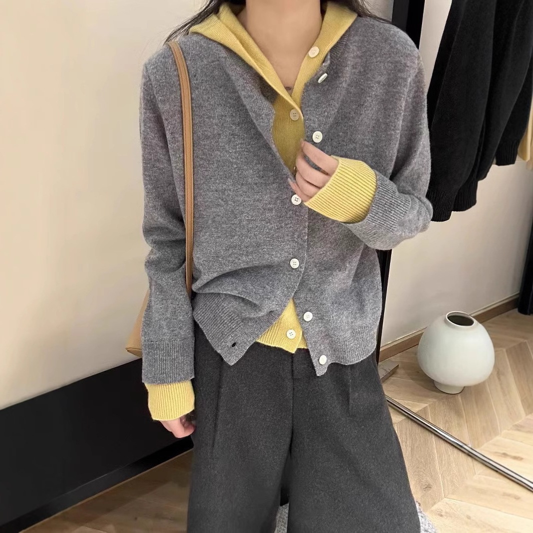 Versatile fake two-piece color blocked hooded knitted cardigan for women