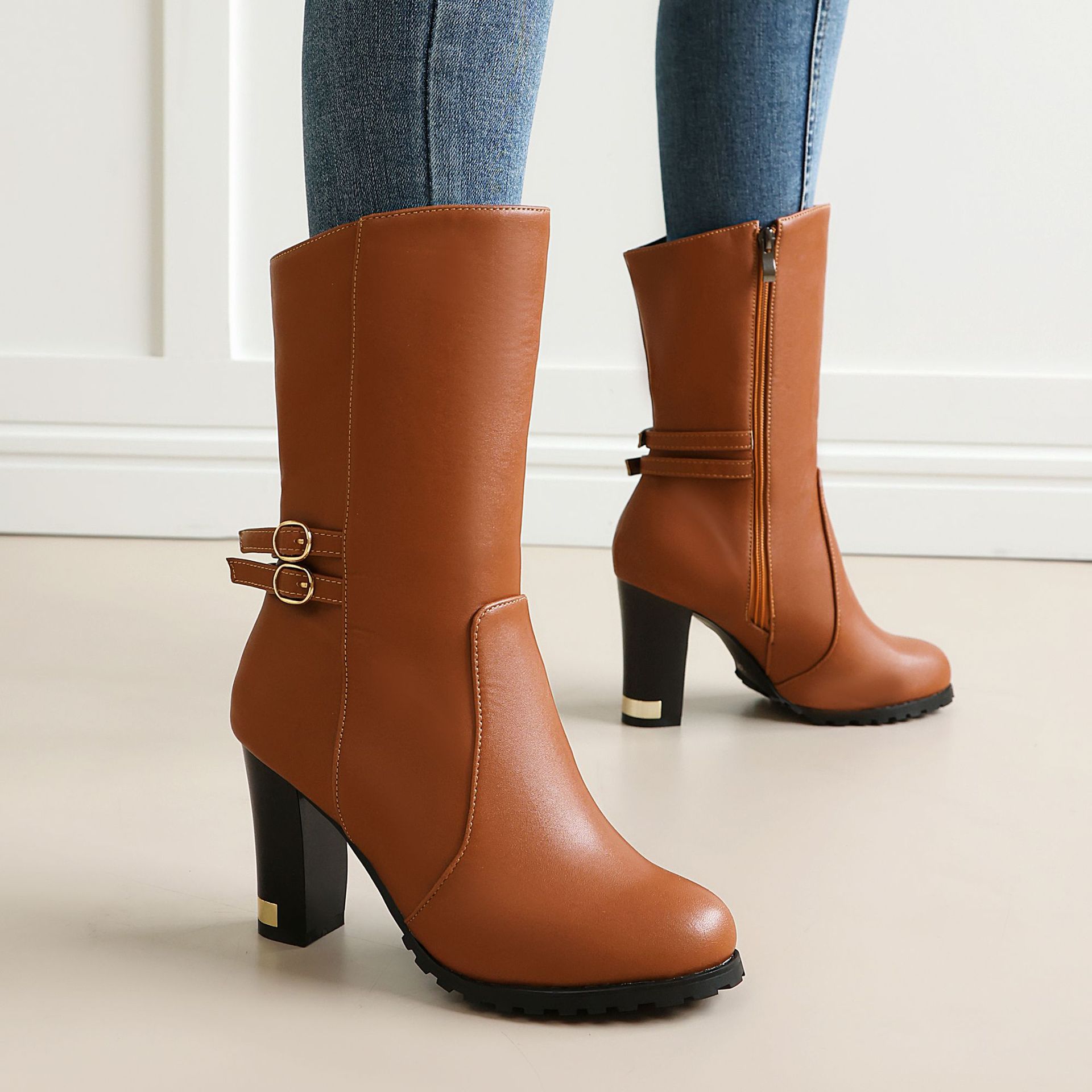 Fashion High-Heeled Mid-Calf Boots for Women, Solid Color with Side ZipperTrendy Autumn/Winter Style